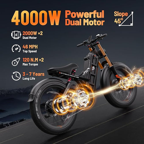 (2025 Version) Eahora Romeo Pro 2 4000W Dual Motor Ebike,46MPH 52V 70AH Battery 200Miles Long Range Ebike,Full Suspension 26'' Fat Tire Electric Bike for Adults with APP Control