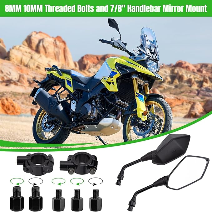 CICMOD Motorcycle Mirrors Rear View Side Mirror for Scooter, ATV, Dirt Bike, Cruiser, Snowmobile, with M8 M10 Threaded Bolts, 7/8" Handlebar Mirror Mount