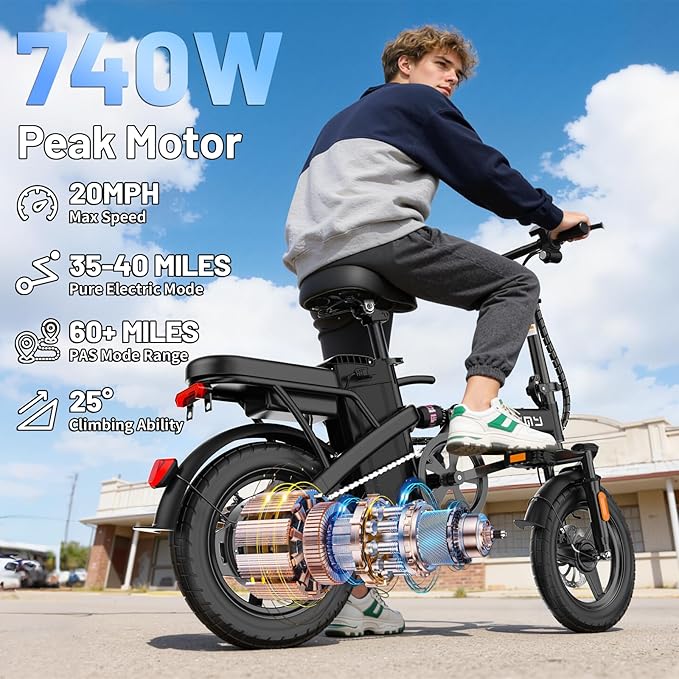 Electric Bike for Adults and Teens, 740W Peak Motor E-Bike with 30-60 Miles PAS Range, 48V 10AH/20AH Removable Battery, 14" Folding Mini Ebike with 20MPH, Electric Bicycle for Commute