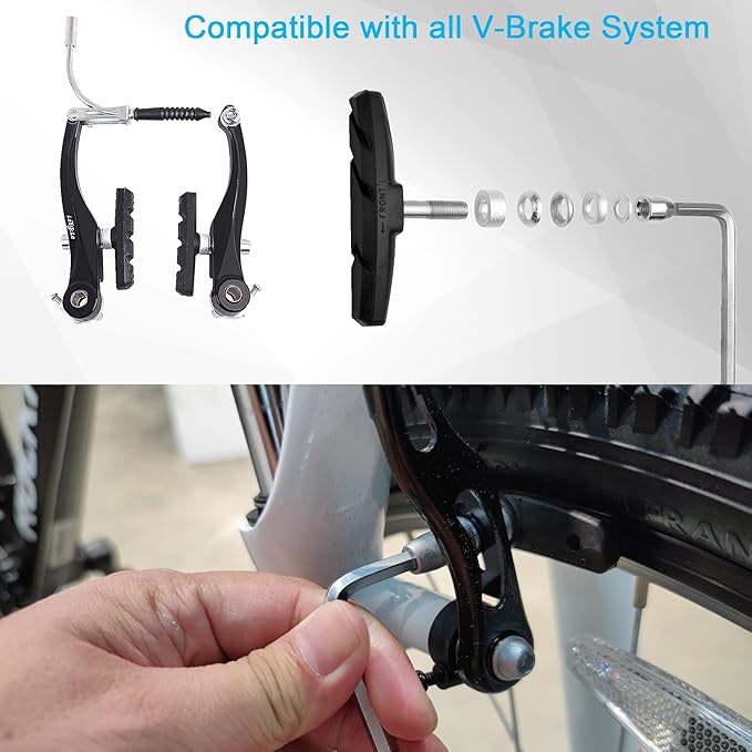 2 Pairs Bike Brakes Pads Set, 70mm for Cruiser MTB Mountain Bicycle Universal V-Brake Blocks with Hex Nut and Shims, No Noise No Skid