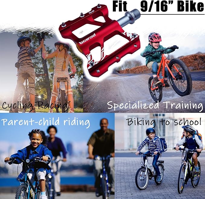 Youth MTB Mountain Bike Colored Pedals, Small Road Bike Pedals Womens MTB Flat Pedal, Kids BMX Pedals for Children's bicyle and Kid's Bike 9/16, CNC Aluminum Pedal w Cr-Mo Axel, 2Bearings,10Pins