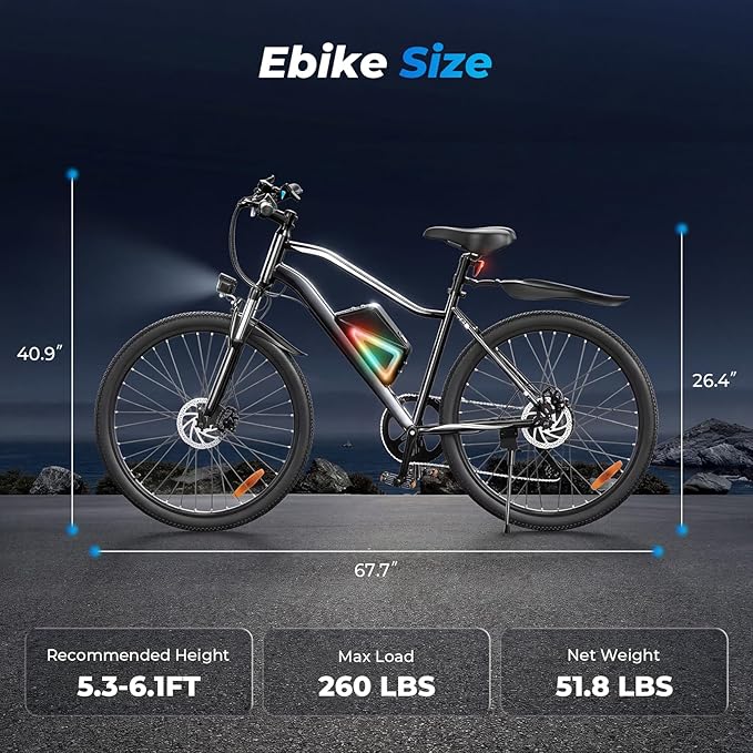 Electric Bike - 750W Peak Motor Electric Bicycle, 20MPH, 60 Miles, Removable Battery, Shock Absorber, 5 Speed E Bike, 26” Tire Commuter Electric Bicycle for Adults