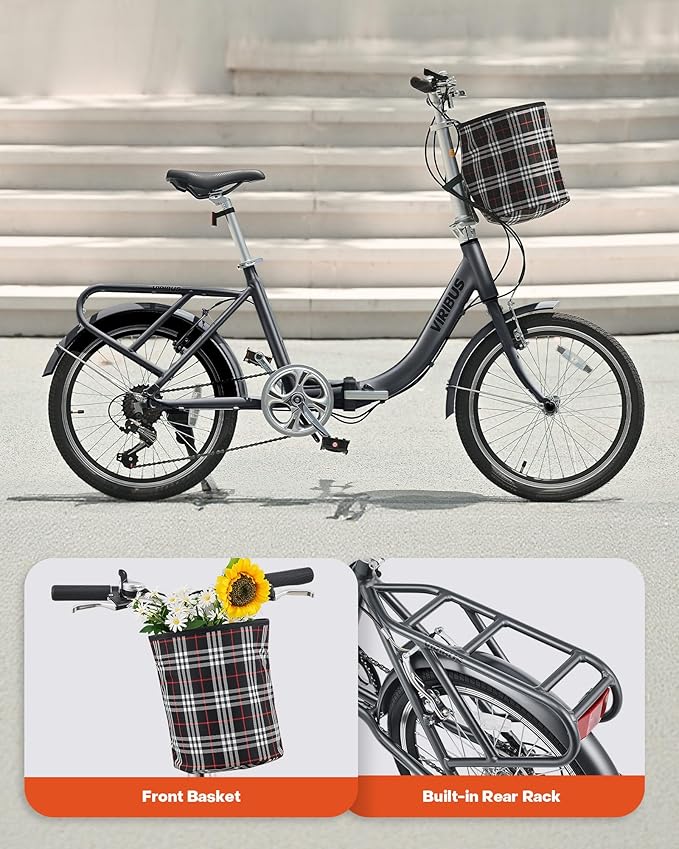 VIRIBUS Folding Bike, 20 inch Lightweight Foldable Bike for Adults 7 Speed with Aluminum Frame, Basket & Rear Rack, Step Through Collapsible Bike for Women Men Seniors City Commuter