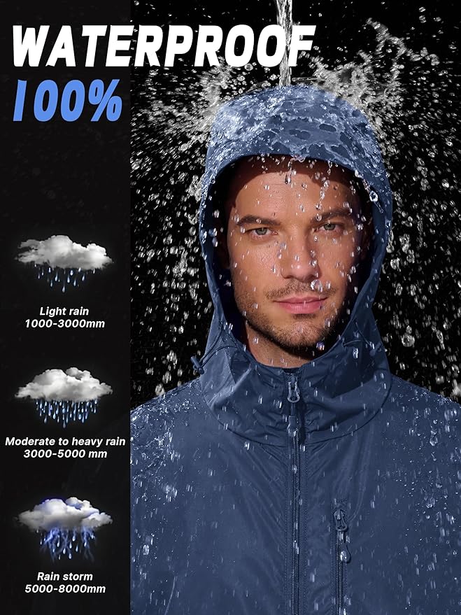 Men's Cycling Jacket Rain Jacket Waterproof Windbreaker Raincoat Running Hiking Gear Hood Lightweight Packable