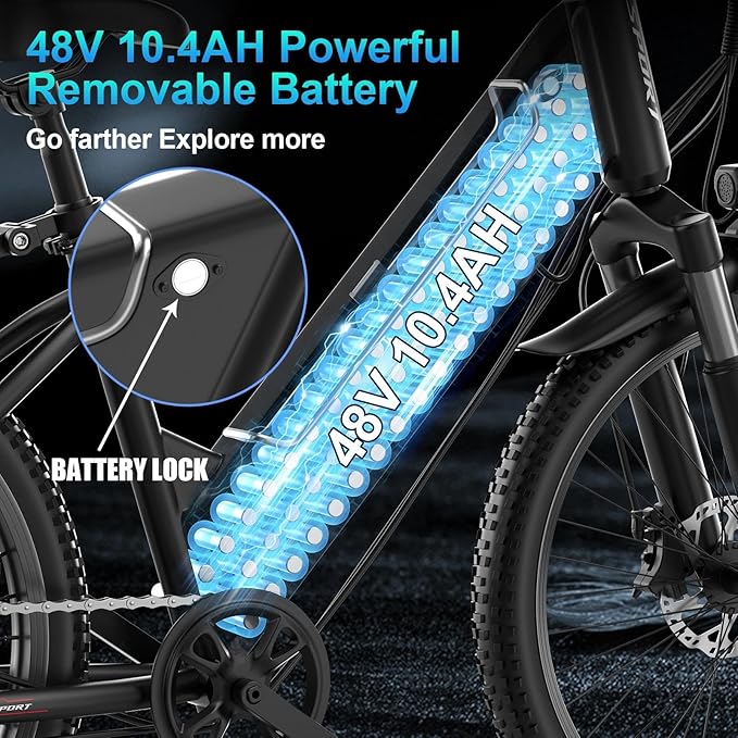 ASKGO Electric Bike for Adults, 1500W Peak Motor, 25Mph, 65Miles, 48V 10AH Removable Battery, 26“ Mountain Ebike with 7-Speed Gear for Beach Snow Commuter