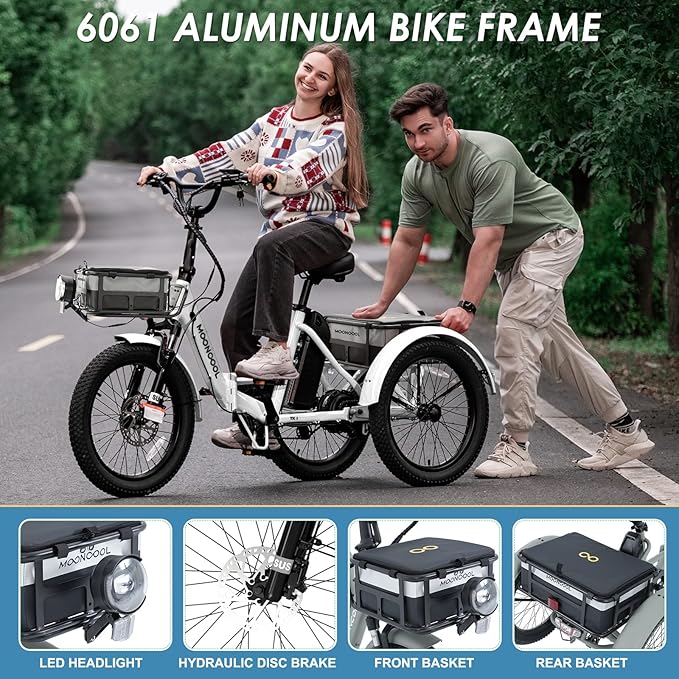 MOONCOOL Folding Electric Tricycle for Adults, 48V 500W 3 Wheels Electric Trike, Aluminum Frame 750W Electric Tricycle Adult Bicycle with Removable Battery, Front and Back Bags