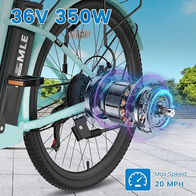 350W Electric Bike for Adults, 20MPH 7-Speed Commuter Ebike with 36V 10.4Ah Battery, Aluminum Frame, Front Suspension, Dual Disc Brakes, E Bicycle with Basket & Rear Rack, 330 lbs Load