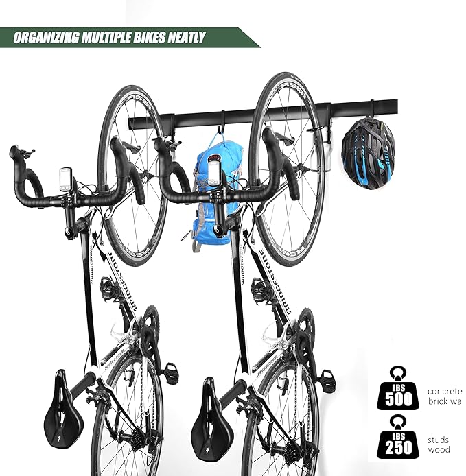 Adjustable Garage Bike Rack – Heavy-Duty Vertical Wall Mount Storage for 2 Bikes & 2 Helmets, Space-Saving Design, 500 lbs Weight Capacity