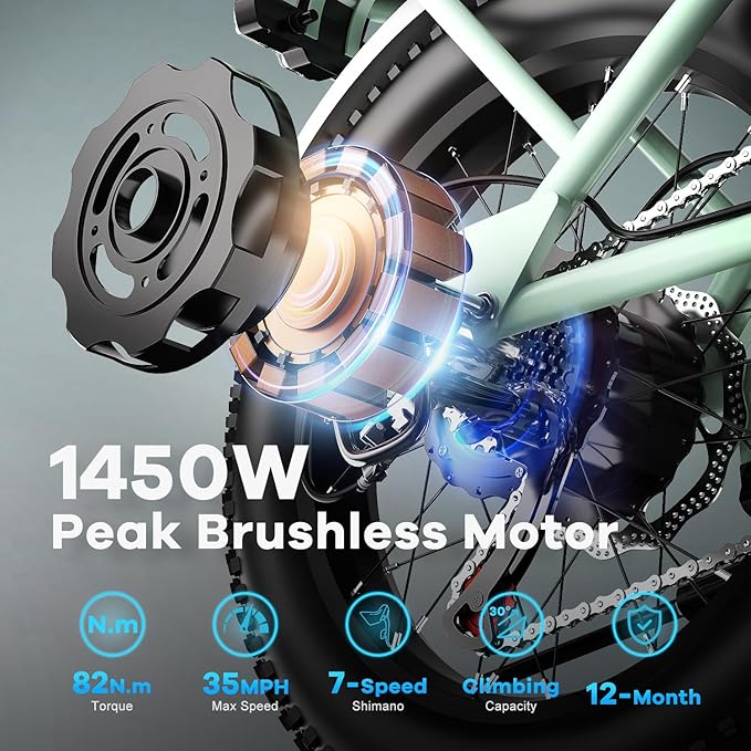 Electric Bike for Adults, 20"x 4" Fat Tire 35MPH Cargo Ebike with Seat, 1450W Peak 2 Seater Commute Bike with 48V 20AH Removable 960WH Battery, 80 Miles Max Range 7-Speed Step-Thru Electric Bicycle