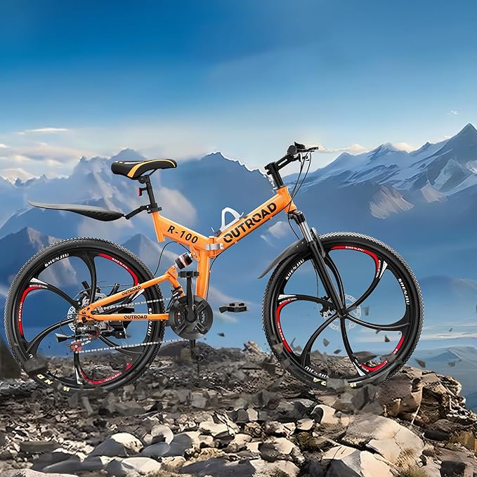 26 Inch Adult Folding Mountain Bike, 21 Speed Foldable Bicycle with Full Suspension, High Carbon Steel Frame, Folding Bikes for Men/Women/Teen, Dual Disc Brake