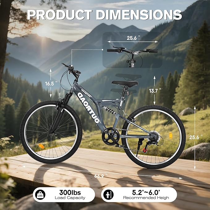 Mountain Bike for Adult Men Women, 26 Inch 7 Speed Mountian Bicycle with Dual Full Suspension, Dual V Brake MTB Bicycle, Multiple Colors