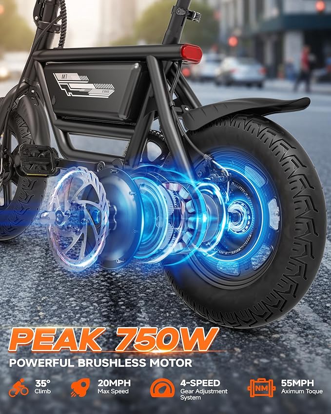 14" Folding Electric Bike for Adults & Teens - Peak 750W Motor, 20MPH Speed, 48V, 35/53Mile Range, 4-Speed Gear & Upgraded Wide Comfort Seat, UL 2849 Certified, for City Cycling & Commuter Riding