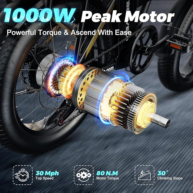 1000W Folding Electric Bike,48V 20AH Removable Battery EBike,30+MPH,80 Miles Max Range Electric Bike for Adults, 20" Fat TireFoldable ebike, Adult Electric Bicycles