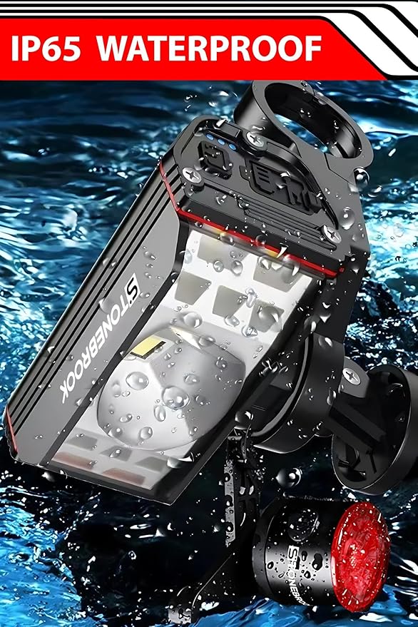 STONEBROOK 1800LM Bike Lights Set, Bicycle Headlight and Tail Light Set, Rechargeable Headlight & 7-Mode Taillight, IP65 Waterproof, Emergency USB Charging,Fahrradlampe for Night Riding