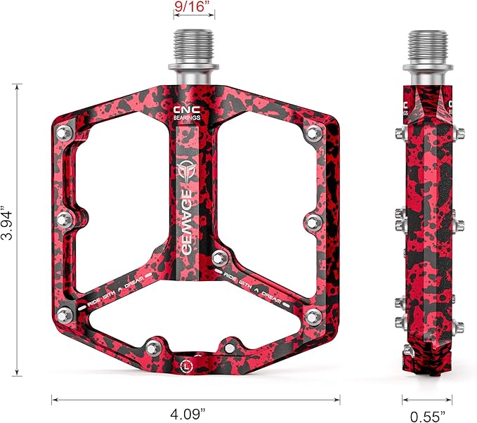 Road/Mountain Bike Pedals - 3 Bearings Bicycle Pedals - 9/16” CNC Machined Flat Pedals with Removable Anti-Skid Nails