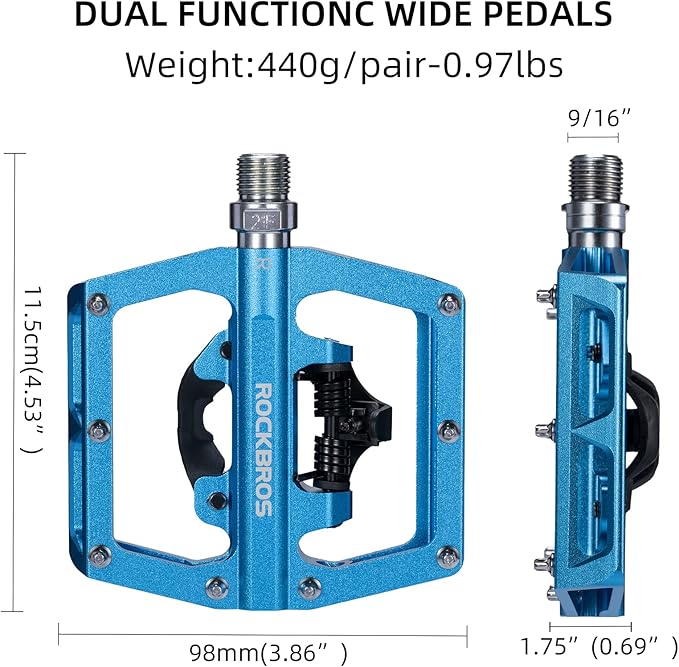 ROCKBROS MTB Mountain Bike Pedals Compatible with SPD Mountain Bike Dual Function Sealed Clipless Aluminum Bicycle Flat Platform 9/16" Pedals with Cleats for Road, MTB, Mountain Bikes