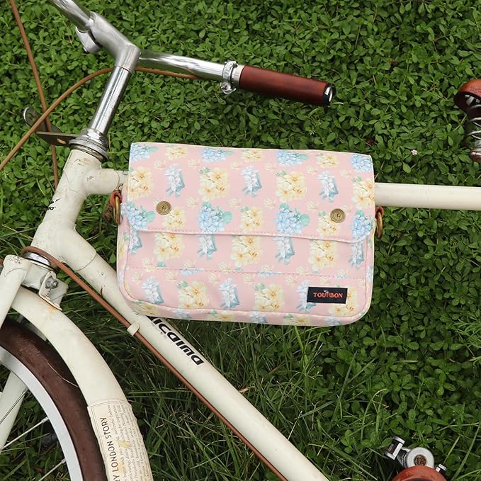 TOURBON Bike Bag Waxed Canvas Bicycle Handlebar Bag Zipper Closure Pouch Crossbar Front Frame Basket Cycling Saddebag Under Seat Strap-on Rear Rack Pannier (Pink with Flower)