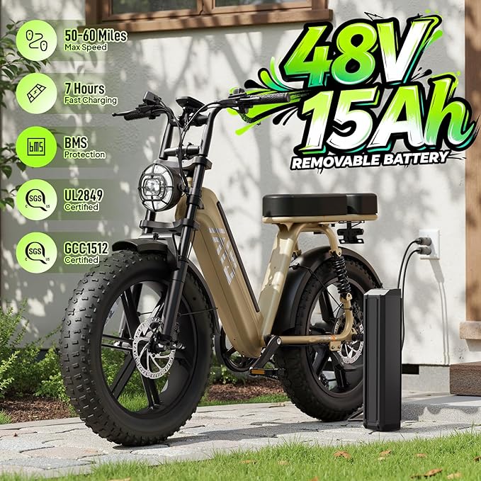 TST Electric Bike for Adults, 1500W Peak Motor Ebike with 48V 15Ah Built-in Battery, 60 Miles Range 28 MPH Electric Bike, 20" Fat Tire E Bike with 7 Speed