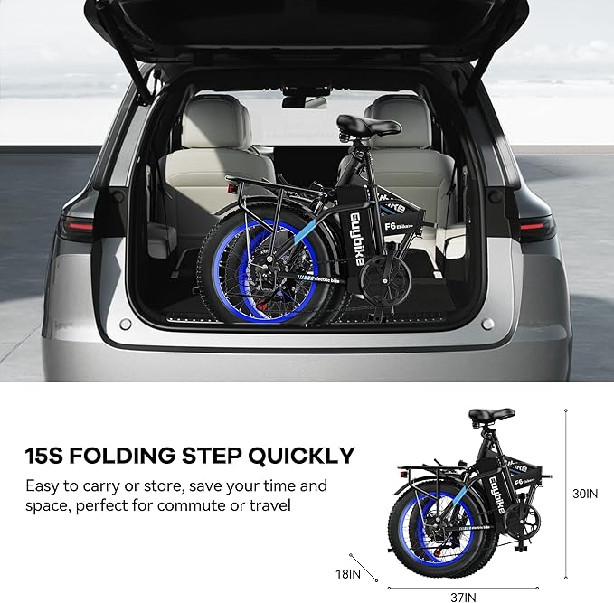 Foldable Electric Bike for Adults, 30+MPH, 48V 20Ah Removable Lithium Battery up to 80Miles, 20" Fat Tire 1000W Peak Motor Dirt Ebike Adult Electric Bicycle for Beach Mountain E Bike Blue Black