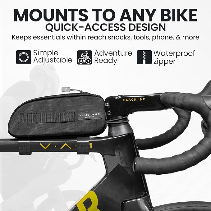 ALMSTHRE Top Tube Bag 8'' x 2'' x 3'' | Waterproof, Secure & Stable – Universal Bike Storage with Versatile Mounting – Fits Essentials | Adventure-Ready Cycling Gear