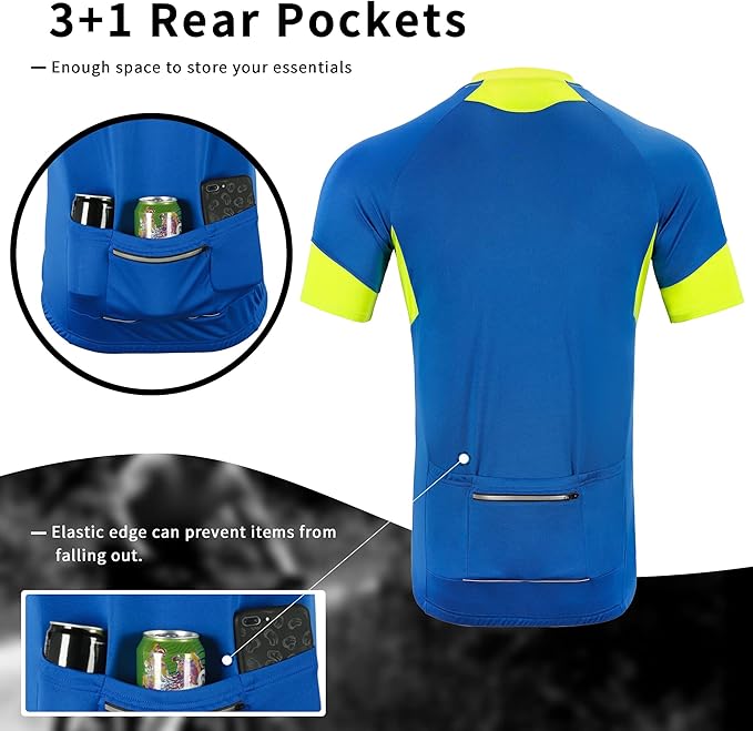 Cycling Jersey Men Short Sleeve MTB Road Bike Biking Shirts with 12 Rear Pockets- Moisture Wicking, Quick Dry, Reflective Strip Blue