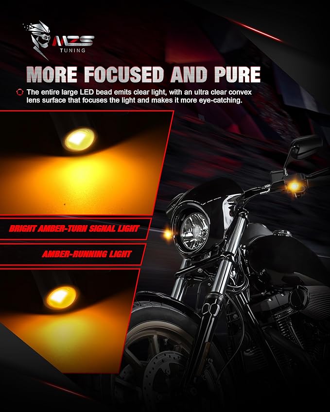 MZS Motorcycle LED Turn Signals, Front Light Amber+Amber and Rear Red Mini Brake Tail Light Blinkers, Minimalist Design, Universal 6mm Screw Compatible with Most Family Motorcycles
