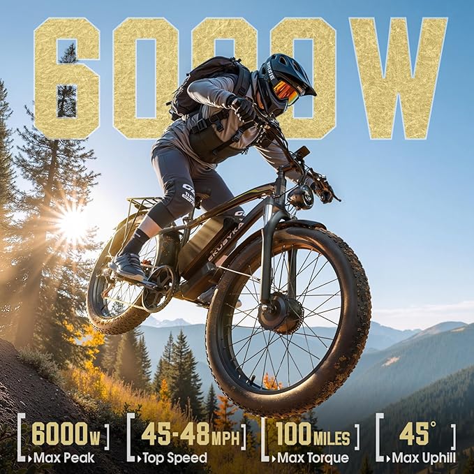 6000W Dual Motor Electric Bike for Adults, 48MPH Fast Ebike with 52V 36Ah Removable Battery, Up to 100 Miles Long Range, 24/26 Inch Fat Tire, Shimano 7-Speed, Shock Absorber Commuter E-Bike