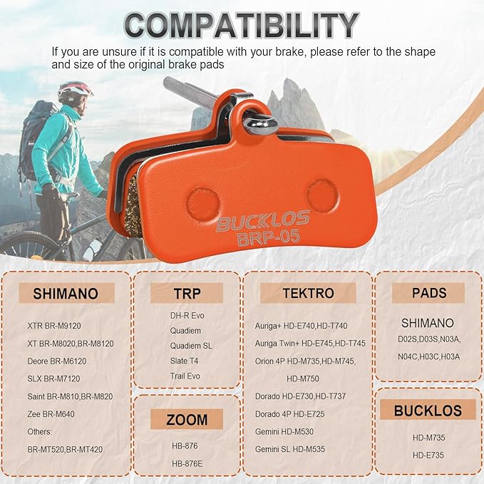 BUCKLOS Bike Disc Brake Pads - Bicycle Disk 4 Piston Pads for Shimano D02S D03S Saint Deore XT XTR SLX Zee/Tektro/TRP for Mountain Bike/Road Bike/Ebike/MTB