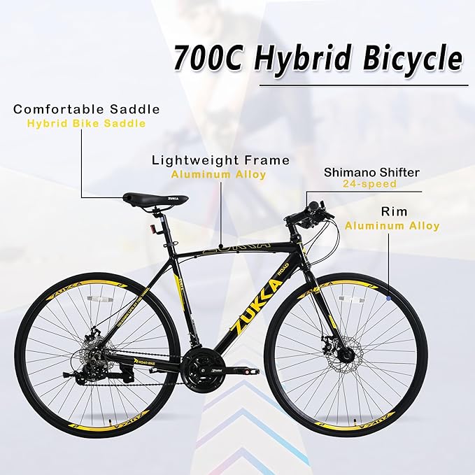 Adult Hybrid Bike 24 Speed Hybrid Bike Disc Brake 700C Road Bike, Aluminium Alloy Frame,Disc Brake,Racing Bicycle,Commuter Bike,for Men Women's City Bicycle