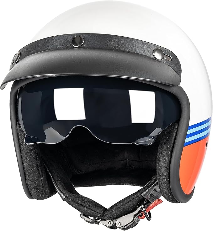 3/4 Open Face Retro Motorcycle Helmet Vintage Helmet for Motorbike Casco, Moped, Cruiser, Bobber, and Chopper - DOT Approved（Red and Blue Stripes,L）