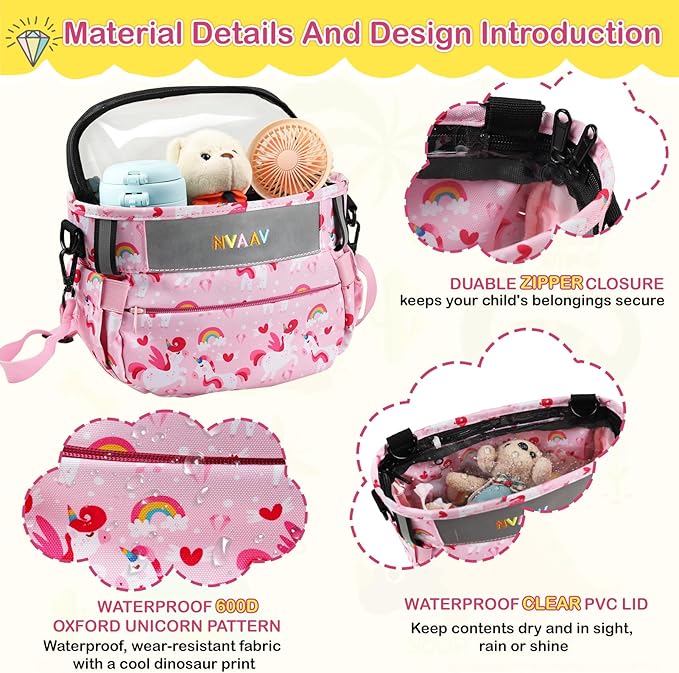 Kids Bike Basket Bag, Waterproof Bicycle Basket Pouch for Girls Boys 6-10, Children's Front Handlebar Bag with Reflective Safety Strap & Detachable Shoulder Strip, Fit Toddlers Bikes Tricycle Scooter