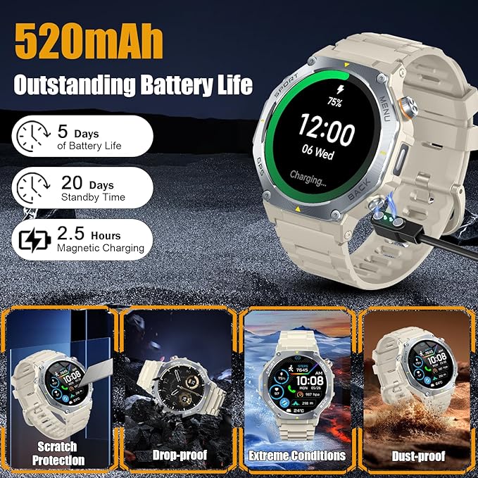 Jugeman Military Smart Watch for Men Answer Make Calls, 5ATM Waterproof Rugged Fitness Tracker with GPS, LED Flashlight, Compass, Heart Rate Sleep Monitor,1.43" AMOLED Display Smartwatch