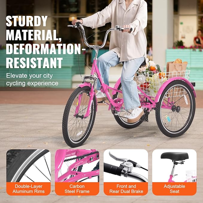 VEVOR Folding Adult Tricycle,Adult Folding Trikes, 3 Wheel Cruiser Bike with Large Basket & Adjustable Seat, Shopping Picnic Foldable Tricycles for Women, Men, Seniors