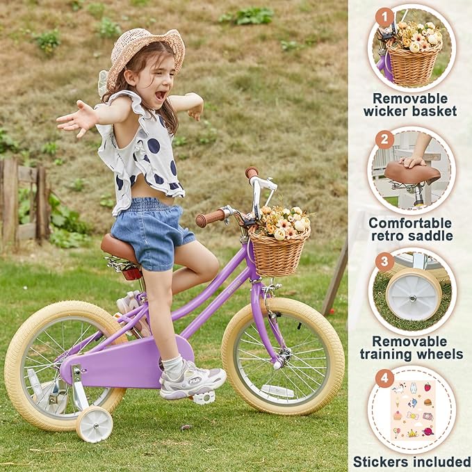 Petimini Vintage Kids Bike for Girls, 12–20 Inch Classic Bicycle with Wicker Basket & Bell, High Tensile Steel Frame, Training Wheels (12–18”), 85% Pre-Assembled, Retro Bike for Outdoor Riding
