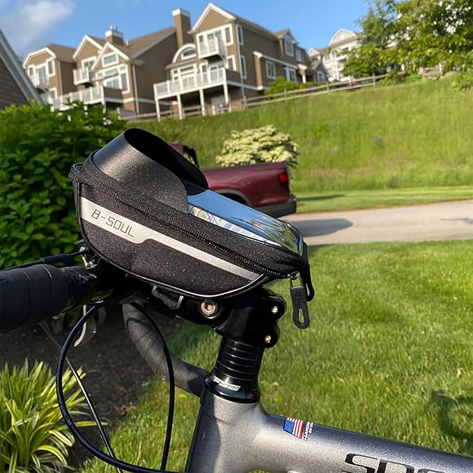 Bike Phone Front Frame Bag, Waterproof, Tube Case, Bicycle Phone Holder, Bike Handlebar Bag, Bicycle Accessories Compatible Cellphone Under 7.2”, Cycling Pouch with 6Pcs Glue-free Tire Patches