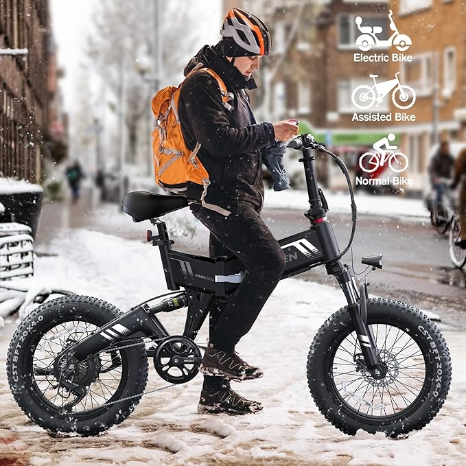 Wooken Electric Bike, 20''X4.0 Fat Tire Electric Bike for Adults,500W(Peak 750W) Foldable Electric Bike with 48V 10Ah Battery,Professional 7 Speed,Shock Absorber, 20MPH Ebike for Mountain Beach Snow