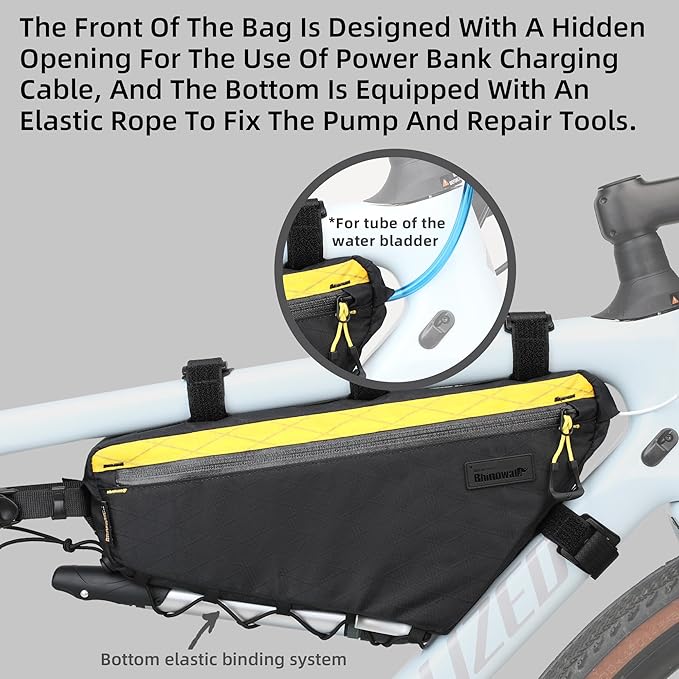 Rhinowalk BHD0018 Bike Frame Triangle Bag 2.9L, Waterproof Storage Bag with YKK Zippers, Cable Port & Pump Holder, Fits Hydration Pack – Black