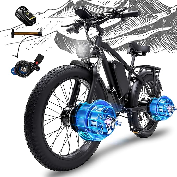 6000W Peak Dual Motor Electric Bike for Adult, 50MPH with 60V 25AH Battery, 26" Fat Tire Electric Bicycle for All Terrain, Full Suspension with Hydraulic Disc Brake, 21-Speed Long Range EBike