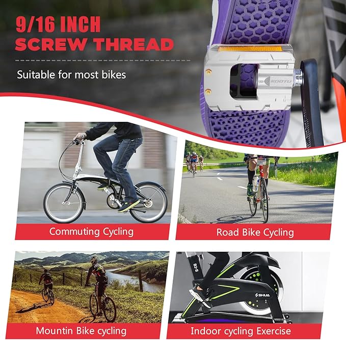 KOOTU Bike Pedals with Reflective Strips, Universal 9/16 Inch Mountain Bike Pedals, Non-Slip Aluminum Alloy Bicycle Pedals for Road BMX MTB Bike