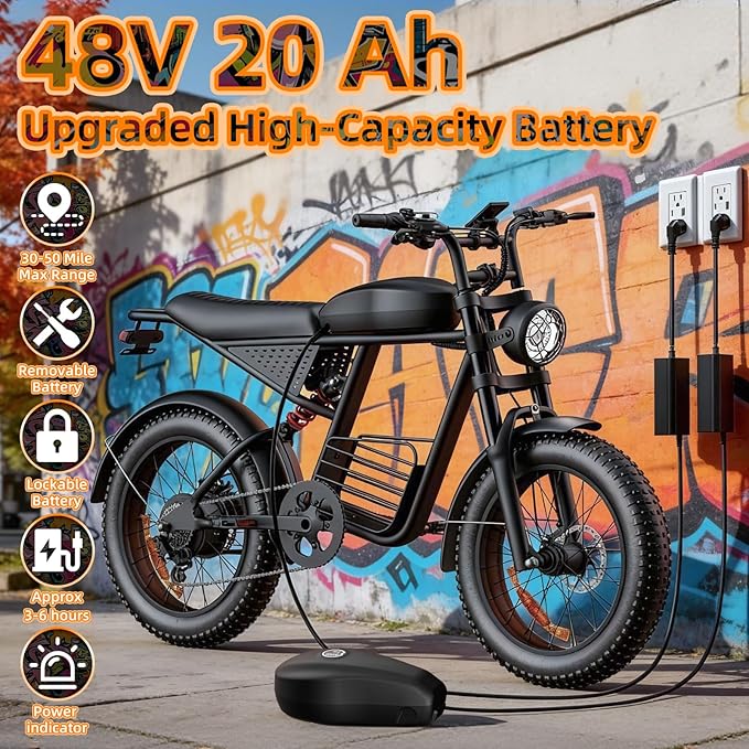 20" Electric Bike for Adults with 1000W/1600W/3000W Peak Dual Motor,Max Speed 33-37MPH,Up to 60Miles,Moped ebikes with 20/35Ah Battery,Shipped from USA Warehouse