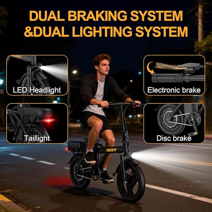 WERHY Electric Bike for Adults, 500W Motor, 22 MPH Max Speed Folding Ebike, 14" Electric Bicycles, Max 30/40 Miles Range (Pedal Assist Mode), Mini E Bikes