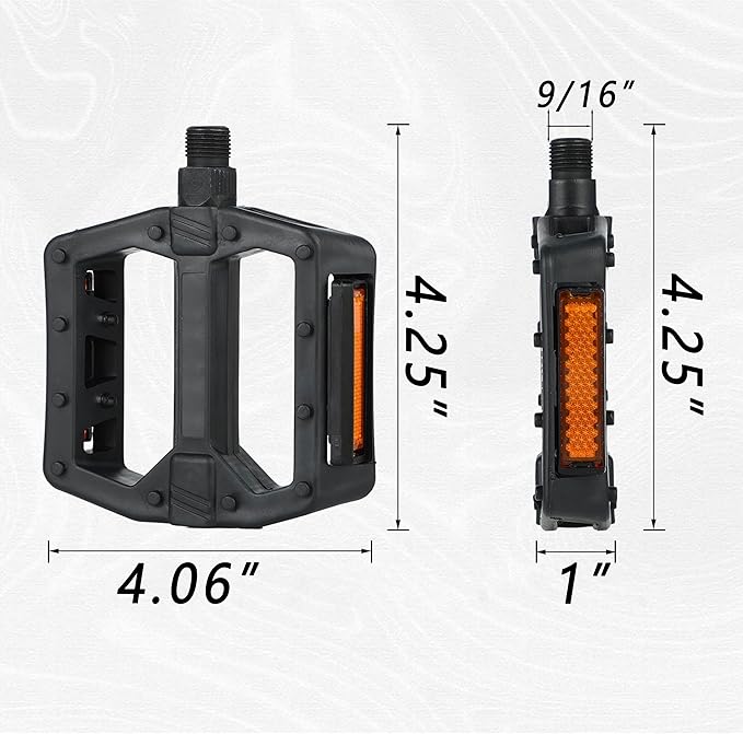 Nylon Bike Pedals with Ball Bearings, Anti-Slip Surface, Reflective Strips, One-Piece PP/Black Nylon, Boron Axle, 4.25"x4.06"x1", Standard 9/16" ≈ 0.56" Durable for MTB, Road & Commuter Bikes