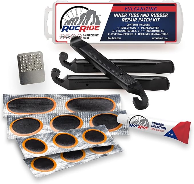 RocRide 16-PC Inner Tube Patch Bicycle Repair Kit. Also for Inflatable Dinghies, ATVs, BMX and Motorcycles.
