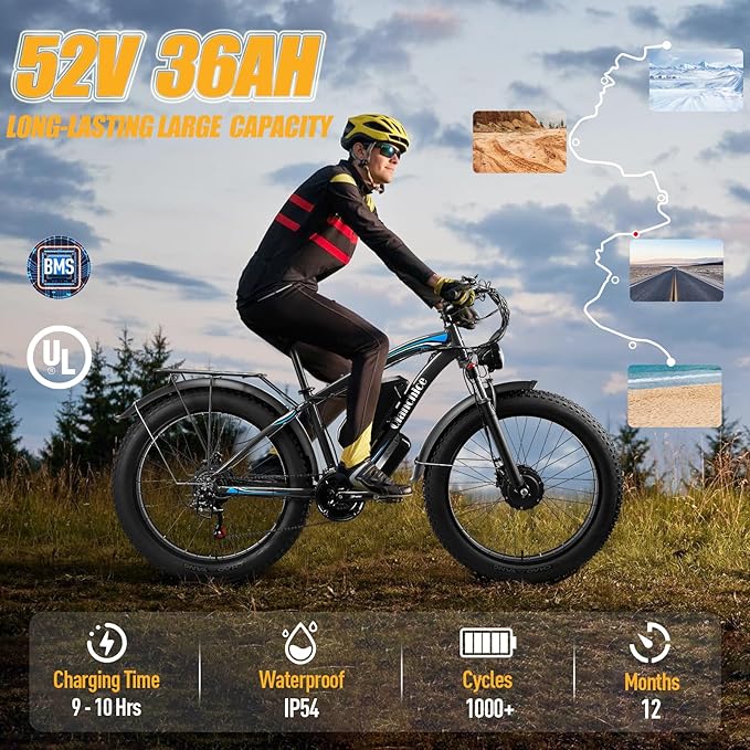 Qianchice Dual Motor Electric Bike for Adults-5000W Peak, 52V 36AH Battery, 40-45MPH 100 Miles Long Range Ebike, Fat Tire 26*4.0Inch, 21-Speed Hydraulic Brake, Electric Bicycles for Mountain Commuter