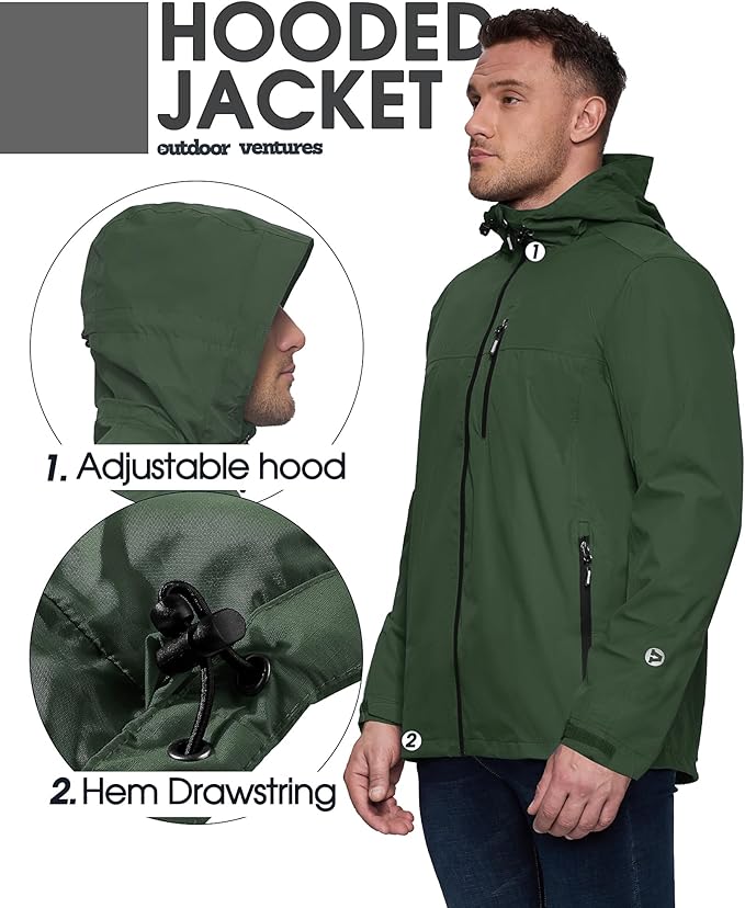 Outdoor Ventures Men's Packable Rain Jacket Waterproof Lightweight Raincoat with Hood Windproof Cycling Jackets