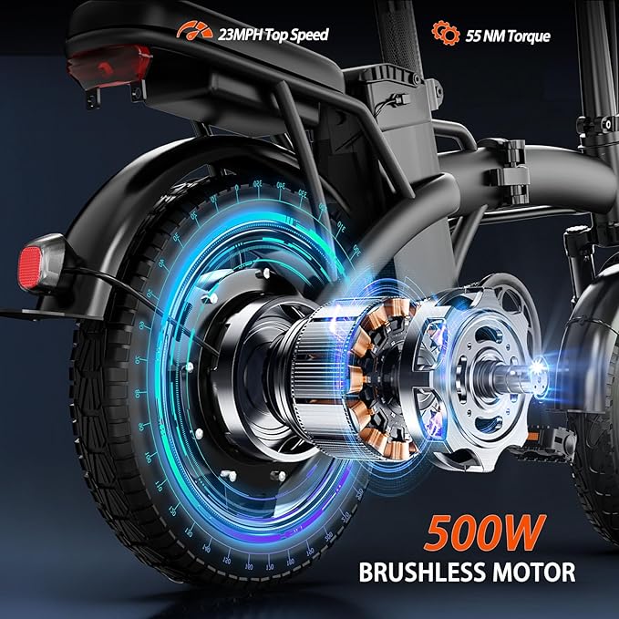 Folding Electric Bike for Adults Teens, Top Range 35Miles Pedal-Assist | 500W Peak 23Mph Speed E-Bike | 48V12Ah Battery | 14" Commuter Electric Bicycles | Mini Ebike with Phone Holder | UL Certified