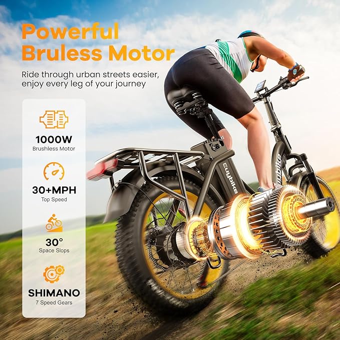 Folding Electric Bike for Adults with Peak 1000W Motor, 48V 20AH Battery up to 30MPH 80 Miles, 20" Fat Tire All Terrain Ebike, 7-Speed Commuter E Bike Black with Basket, Step-Thru, UL Certified