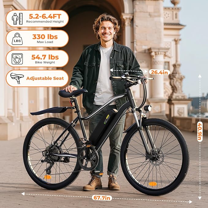 Electric Bike, 750W Peak Motor, 60+ Miles & 20MPH, 26'' Tires E-Bikes, Shock Absorber, Commuting Electric Bike for Adults