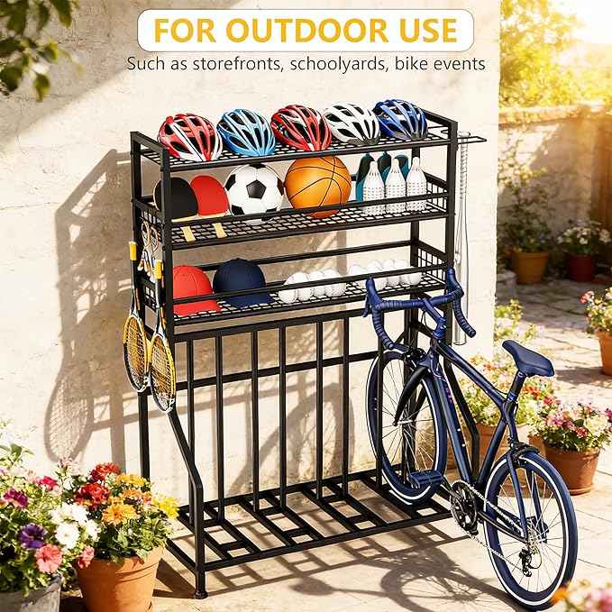 YOHKOH Bike Rack Garage, 4 Bike Stand with 3-Tier Storage Shelves & Side Holder, Heavy-Duty Bicycle Storage Rack for Garage Organizer, Adjustable Slots, 47.2" W x 22" D x 63" H