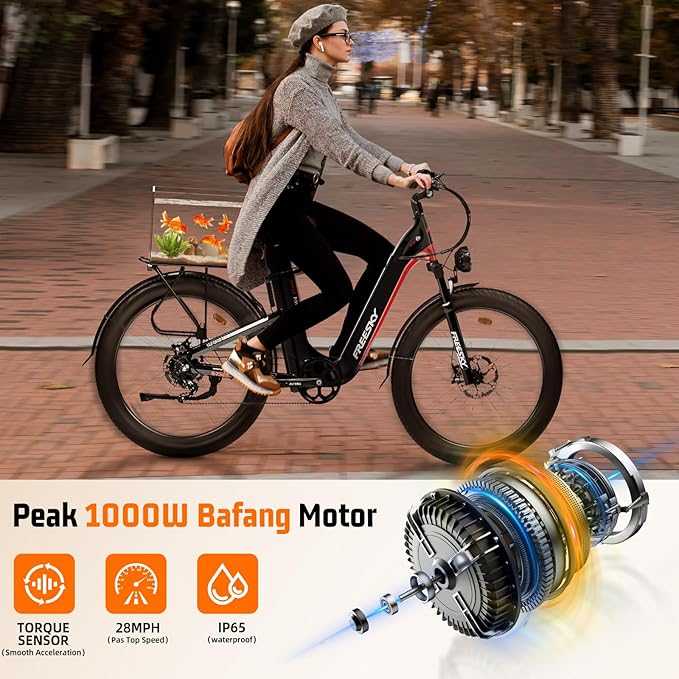 FREESKY NOVA Electric Bike, Dual Samsung Cells Battery 48V 30A, 120Miles Range, Lightweight Step-Thru ebike for Adults with BAFANG Motor 28MPH, Torque Sensor smooth speed up, Full Suspension Commuting